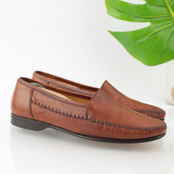 Mezlan Mens Loafer Size 7.5 Tan Cognac Leather Moc Toe Slip On Dress Shoes - Picture 1 of 13